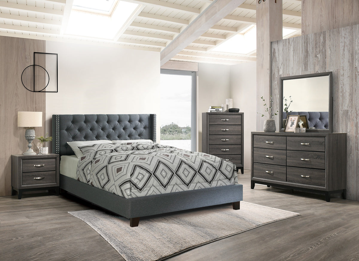 Full Bed/Nailhead Trim/Fabric-Blue Grey - Blue Grey / Espresso