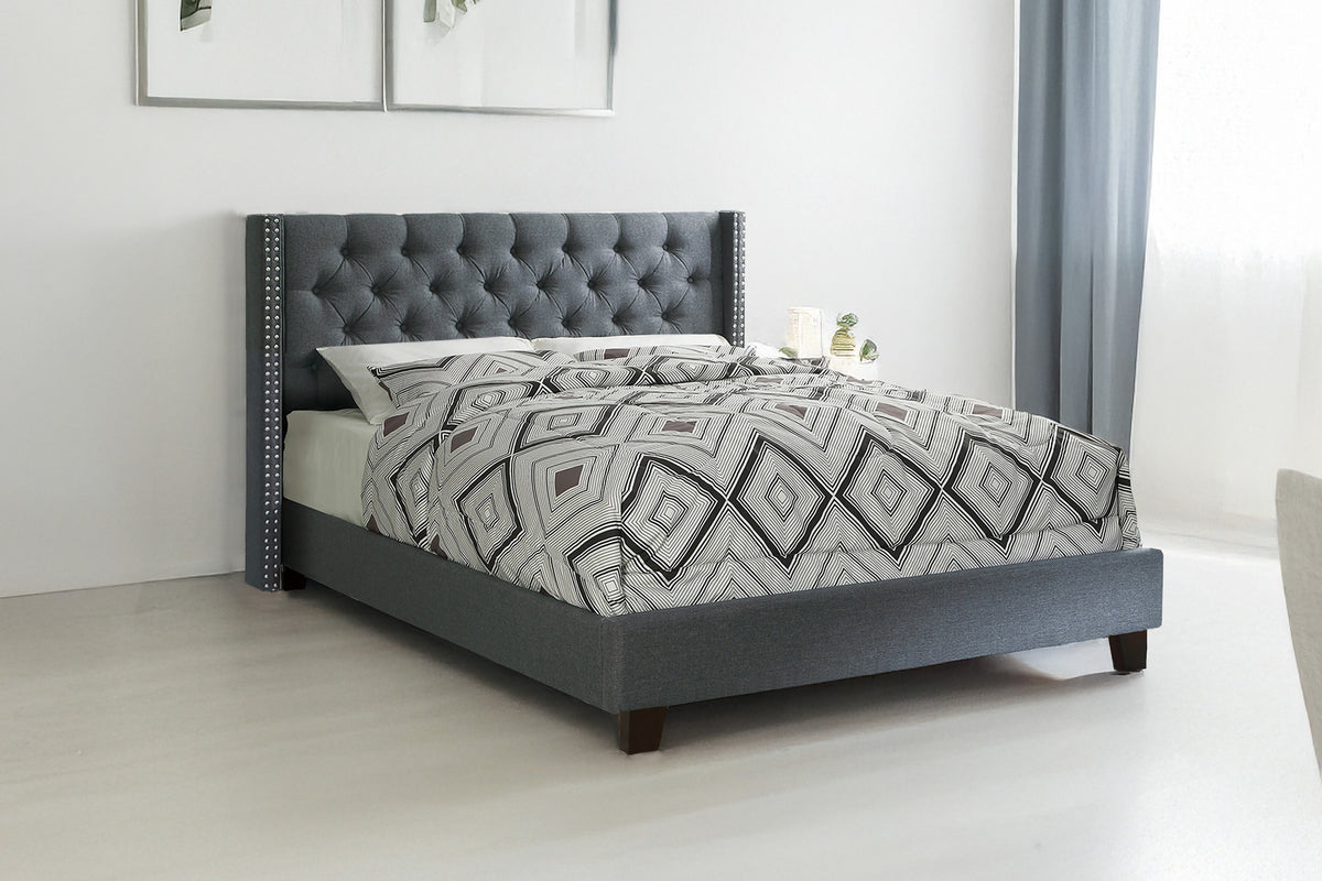Queen Bed/Nailhead Trim/Fabric-Blue Grey - Blue Grey / Espresso