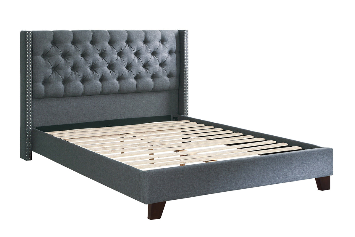 Queen Bed/Nailhead Trim/Fabric-Blue Grey - Blue Grey / Espresso