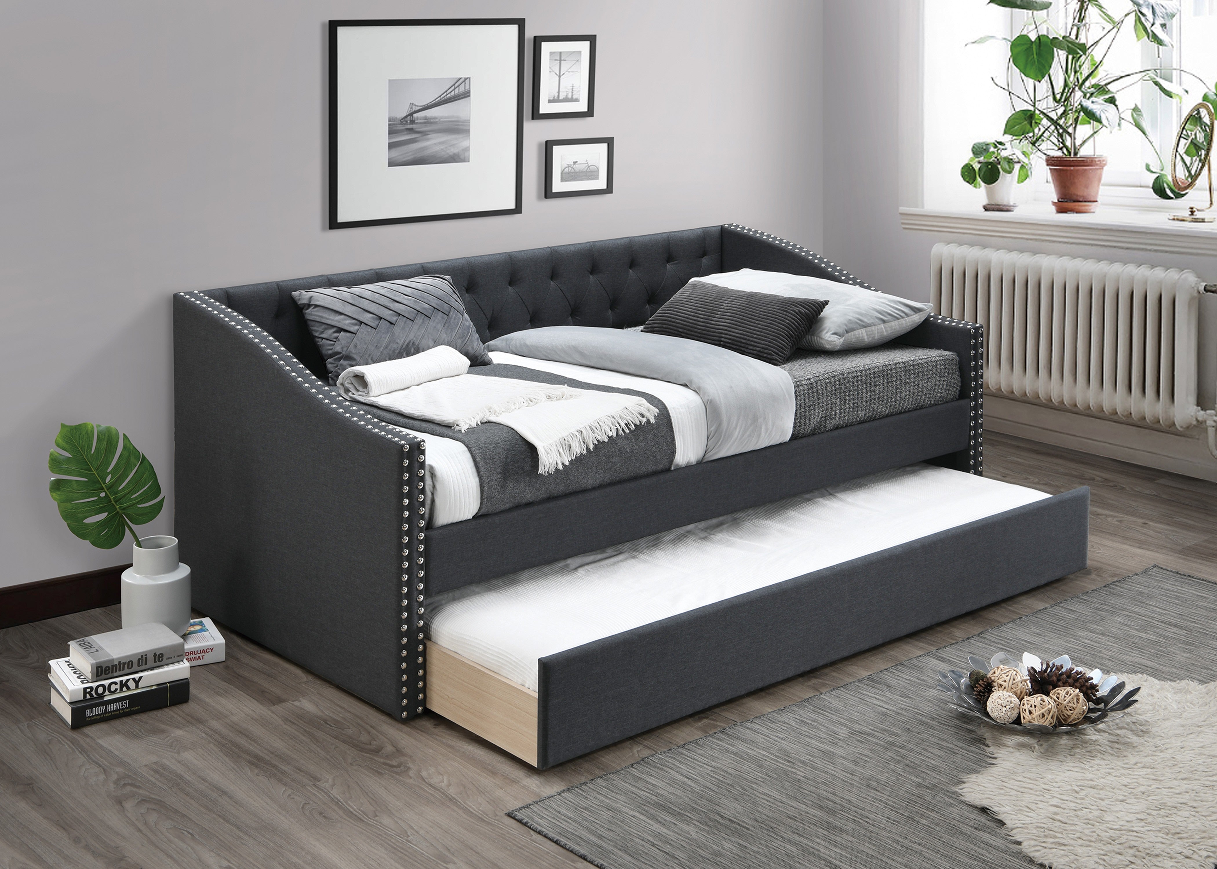 Day Bed W/ Slats + Trundle - Charcoal / Na