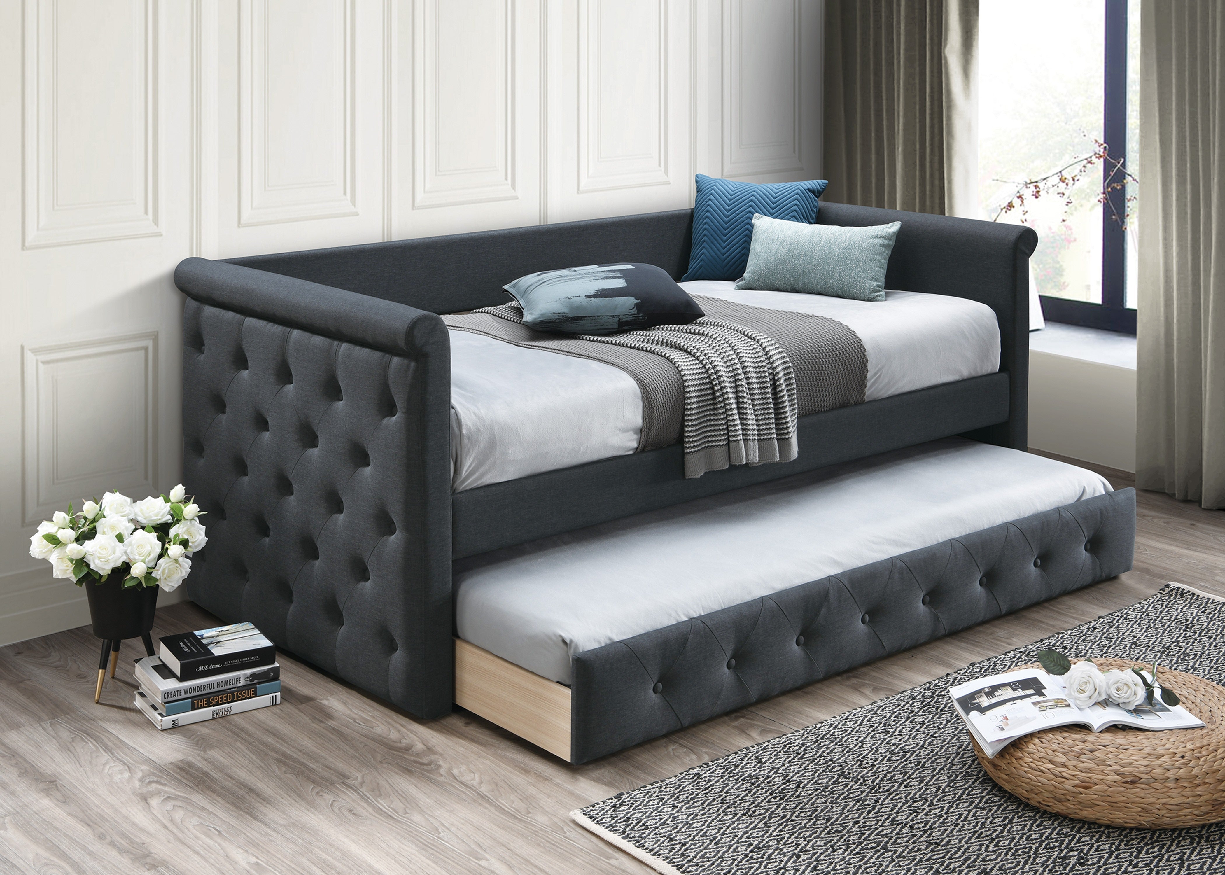 Day Bed W/ Slats + Trundle - Charcoal / Na