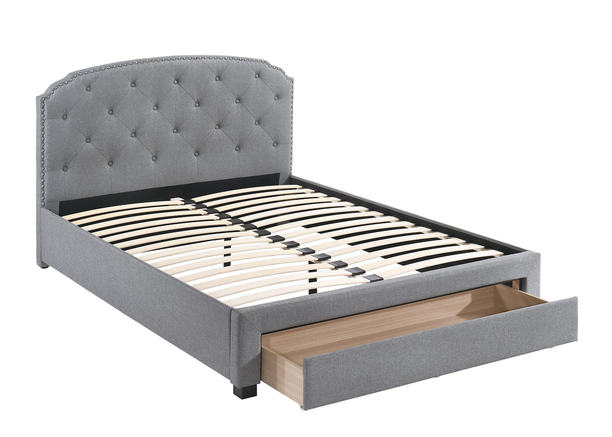 Queen Bed W/Drawer-Light Grey - Light Grey / Black