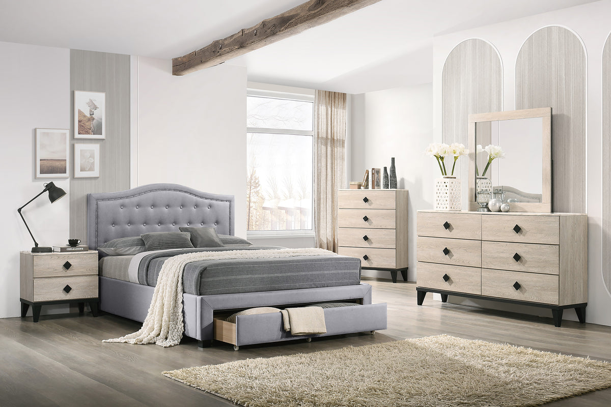 Twin Bed W/Drawer-Light Grey Burlap - Light Grey / Black