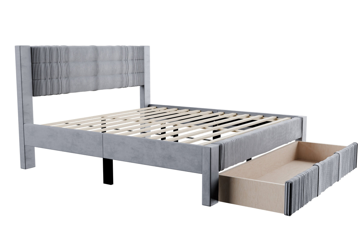 Queen Bed W/ Underbed Drawer - Gray