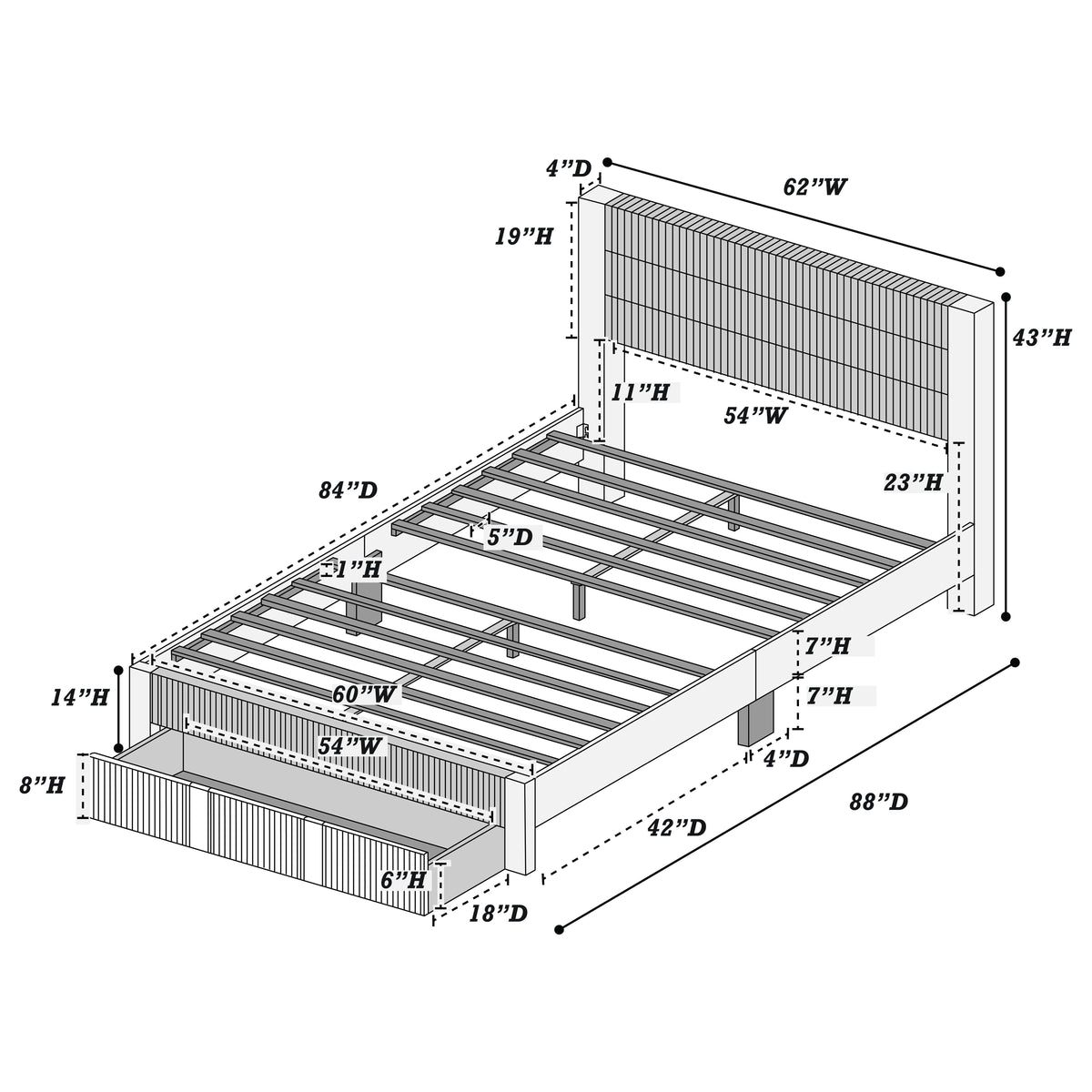 Queen Bed W/ Underbed Drawer - Gray
