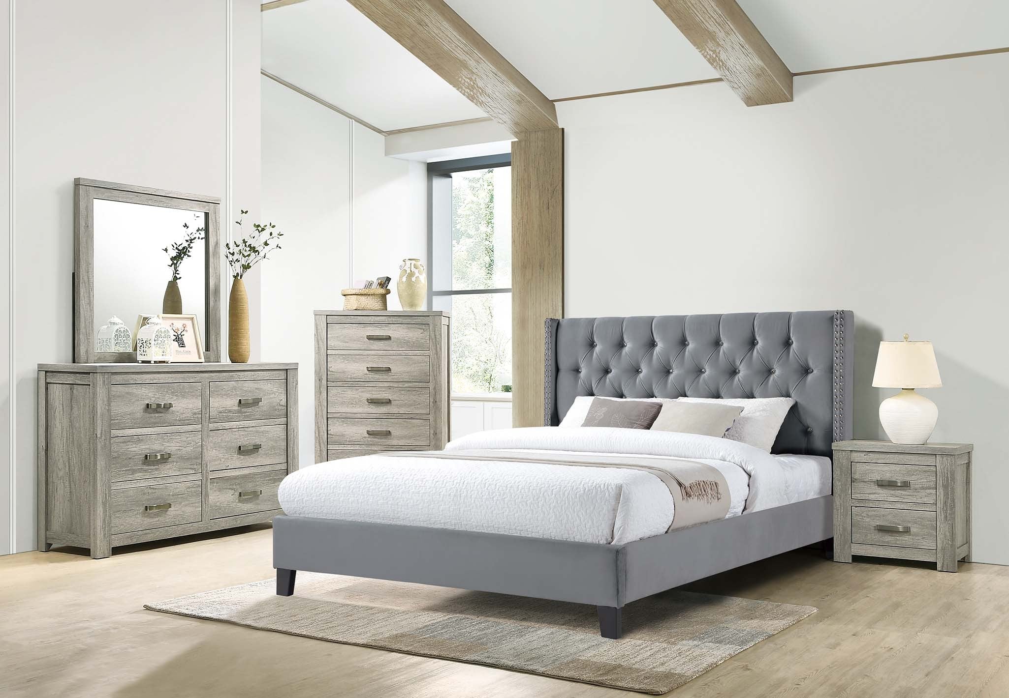 Full Bed - Gray Velvet/ Espresso