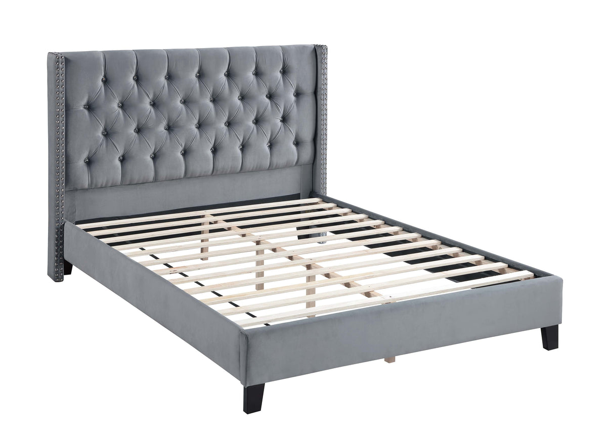 Queen Bed - Gray Velvet/ Espresso