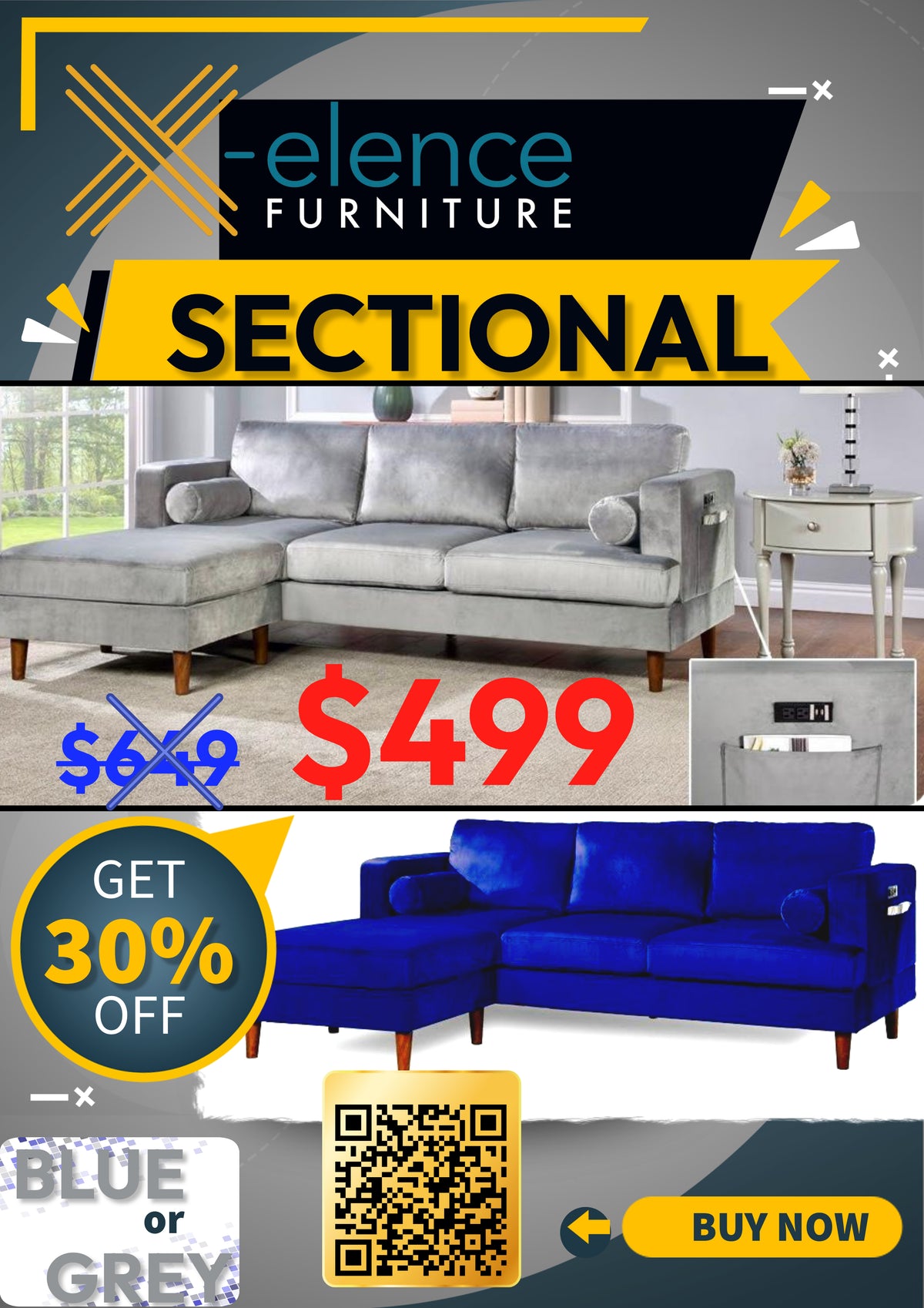 SECTIONAL BLUE OR GREY 30%OFF