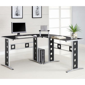 Modern L Shape Desk with Silver Frame & Black Glass-COA