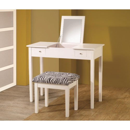 Vanities Contemporary White Lift-Top Vanity with Upholstered Stool-COA