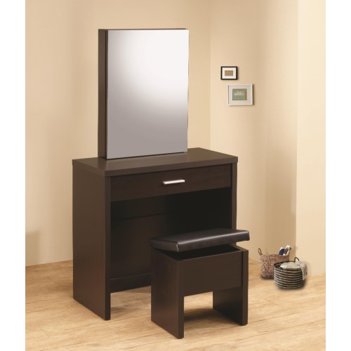 Vanities Glossy Cappuccino Vanity with Hidden Mirror Storage and Lift-Top Stool-COA