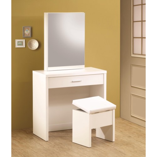 Vanities White Vanity with Hidden Mirror Storage and Lift-Top Stool-COA 300290